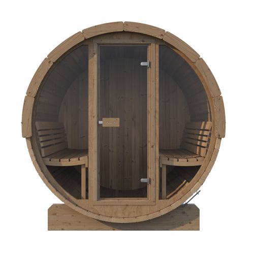 SaunaLife Model E8G outdoor barrel sauna with thermo-spruce wood and full glass front door