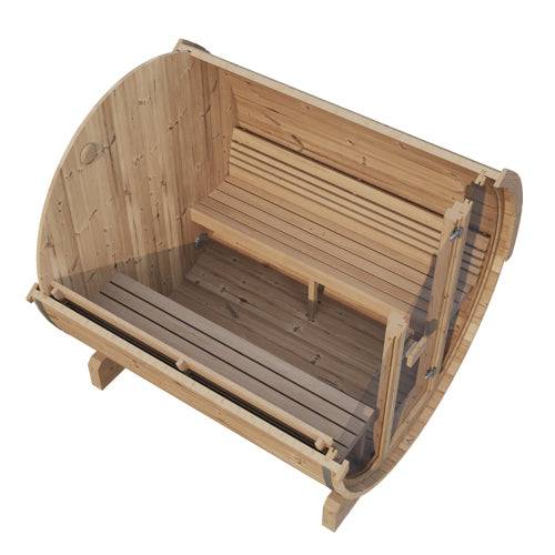 SaunaLife Model E8G outdoor sauna barrel with Thermo-Spruce, ergonomic benches, and full glass front panel