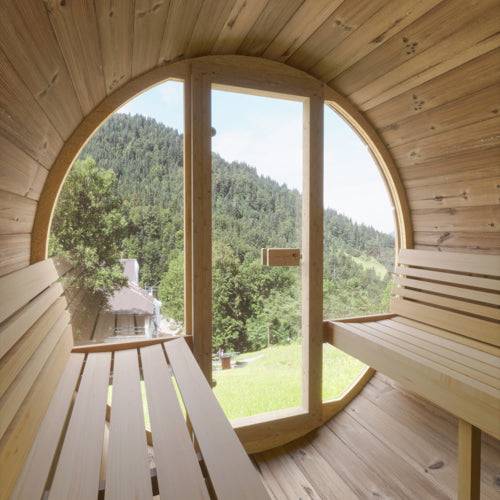 SaunaLife Model E8G sauna barrel interior with glass front door and wooden benches overlooking nature