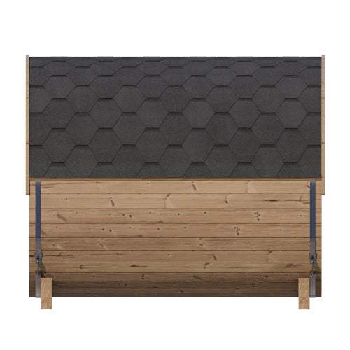SaunaLife Model E8G barrel sauna with black shingle roof and Thermo-Spruce wood exterior