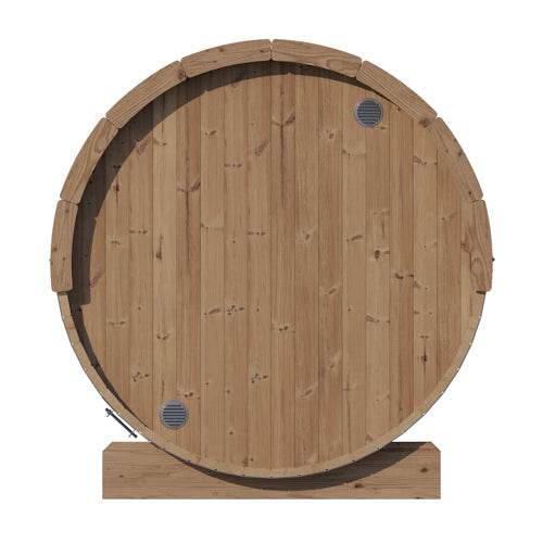SaunaLife Model E8G outdoor sauna barrel front view with Thermo-Spruce wood and glass door