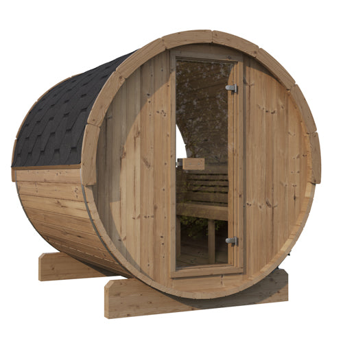 SaunaLife Model E8W wooden outdoor barrel sauna with panoramic window and black shingle roof