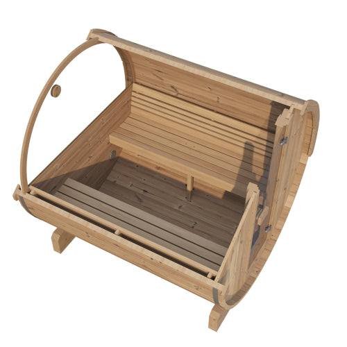 SaunaLife Model E8W thermo-spruce outdoor barrel sauna with panoramic half-moon window and ergonomic curved benches