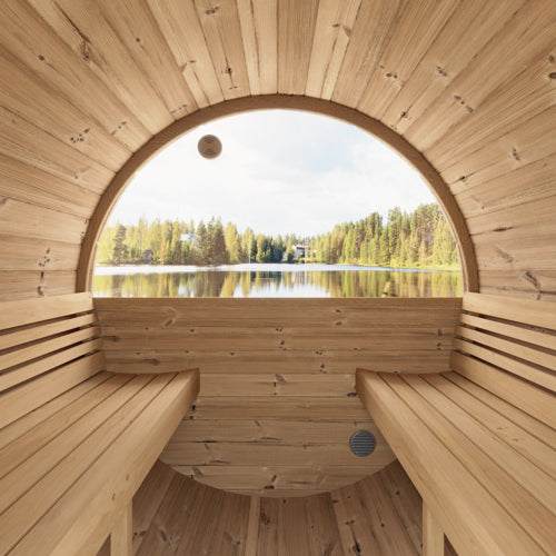 Interior view of SaunaLife Model E8W sauna barrel with panoramic half-moon window and wooden benches