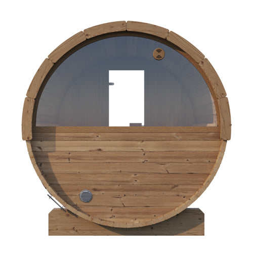 SaunaLife Model E8W outdoor barrel sauna with panoramic window and thermo-spruce wood construction