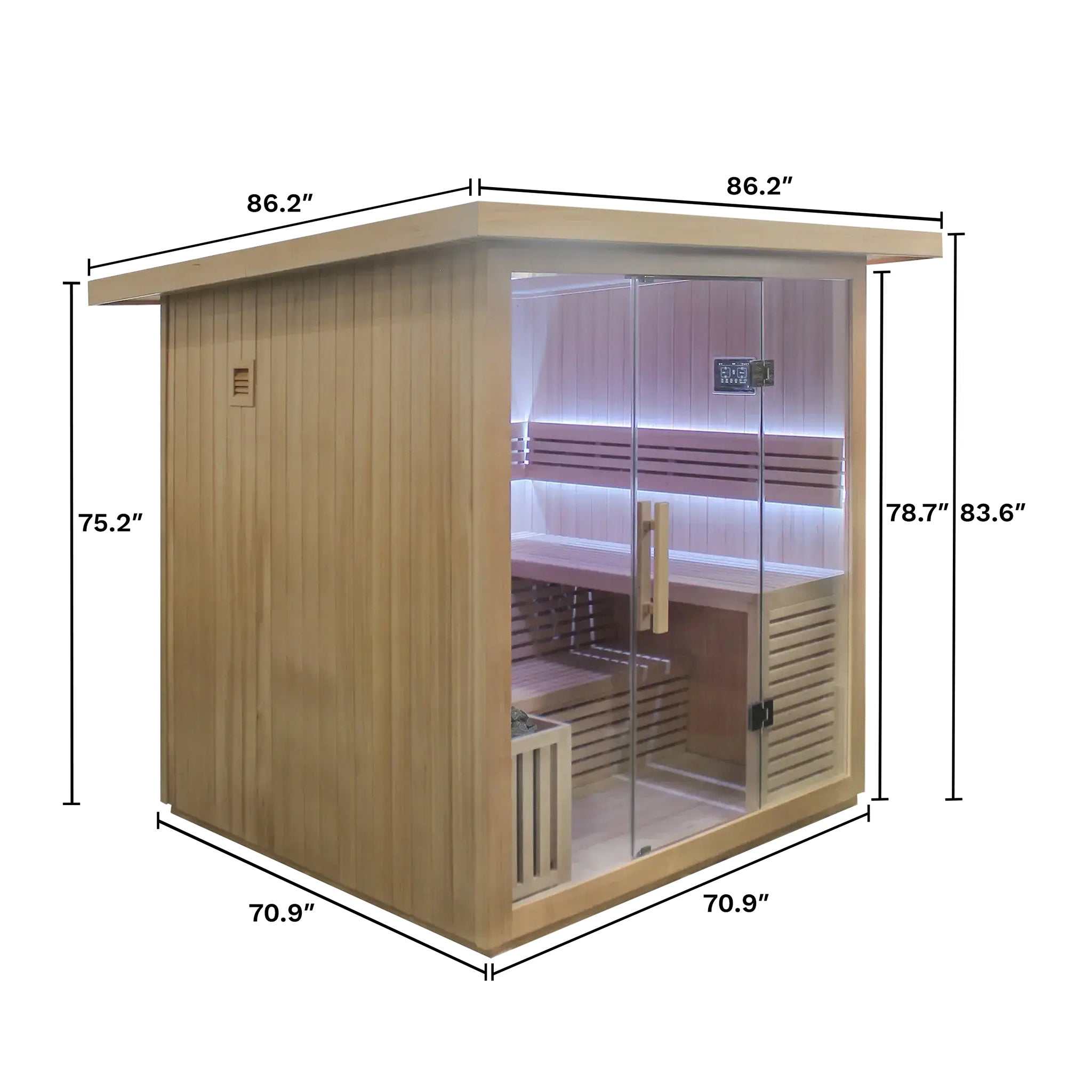 6 person traditional sauna with Hemlock wood, glass door, two-tier L-bench, LED lighting, Bluetooth speakers, rapid heater, outdoor ready