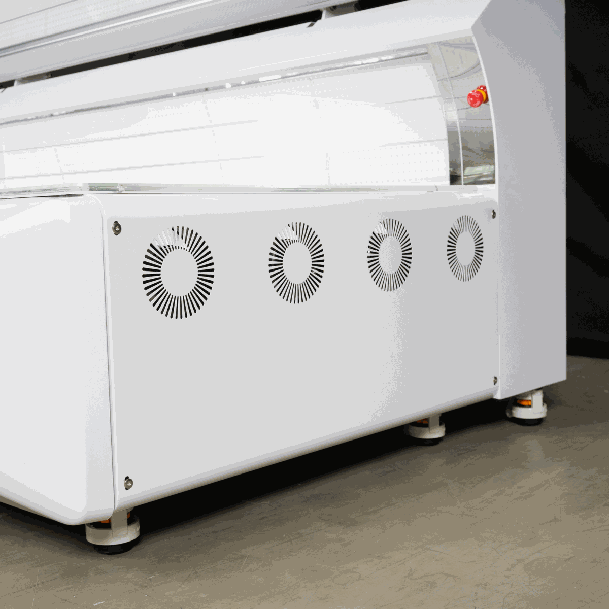 Side view of white red light therapy bed with cooling fans for home and commercial use