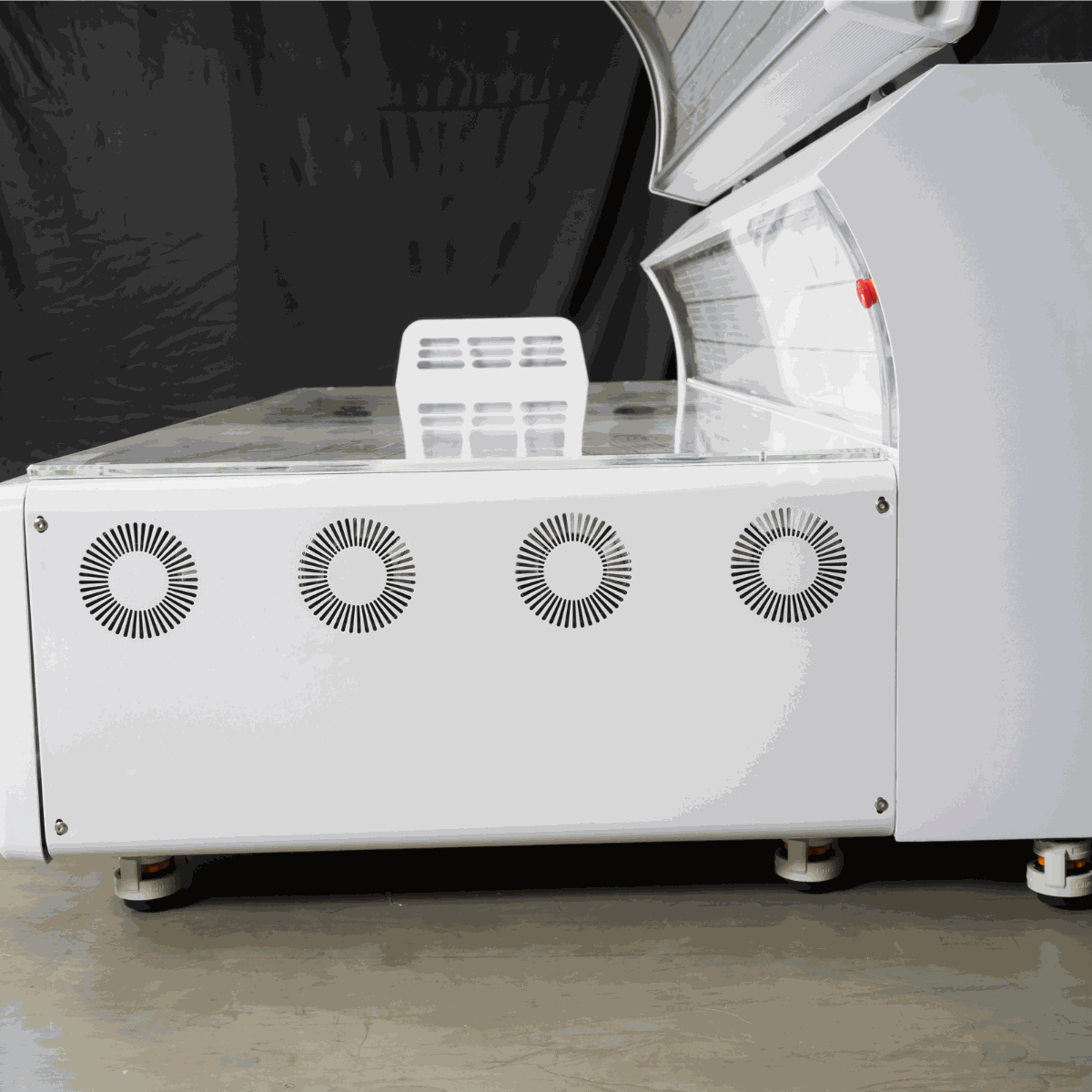 modern red light therapy bed with 360-degree LED lights and plasma cooling fans for home and commercial use