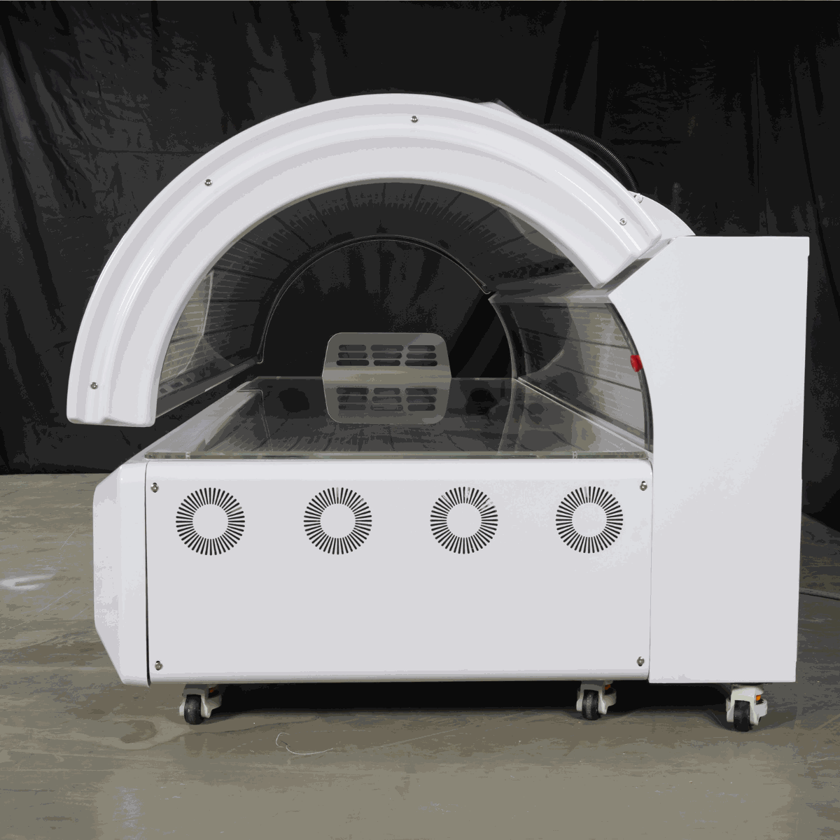 White red light therapy bed with 360-degree LEDs and plasma cooling fans for home and commercial use