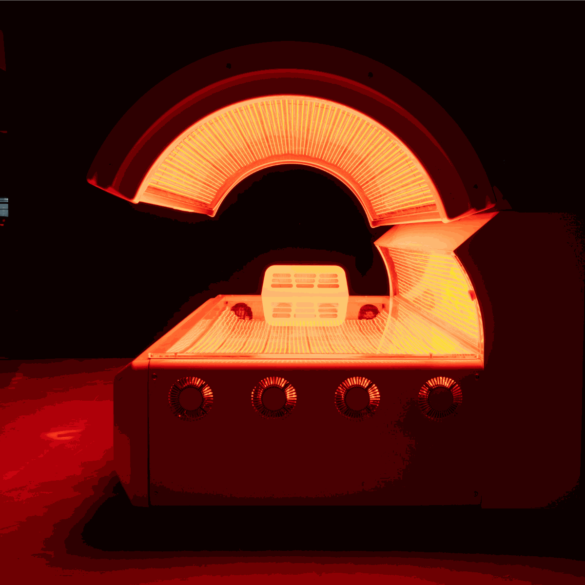 Red Light Therapy Bed with 360-degree LEDs, plasma cooling fans, and built-in timer for home and commercial use