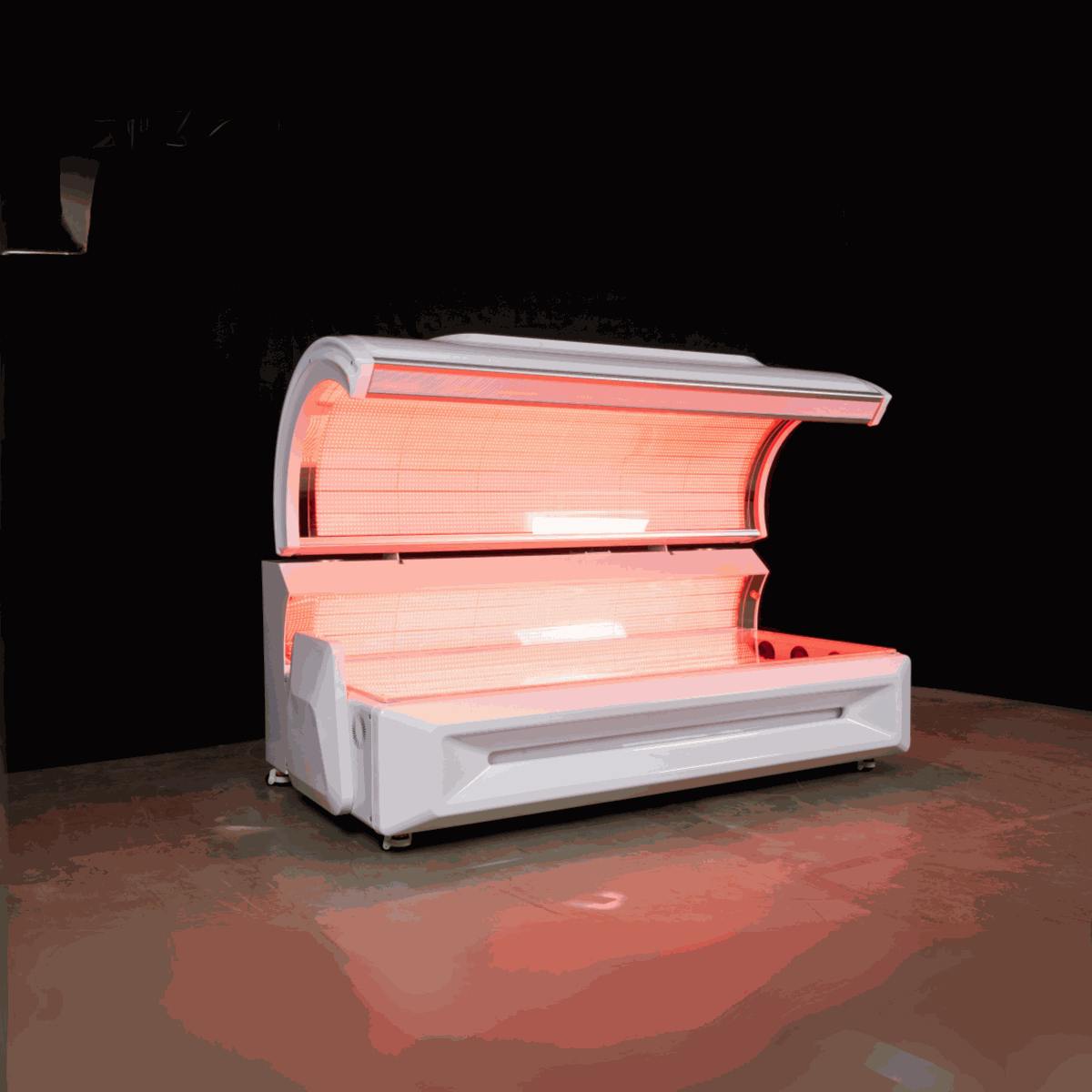 Red Light Therapy Bed with 360-degree LEDs, plasma cooling fans, commercial control, timer, and built-in music system