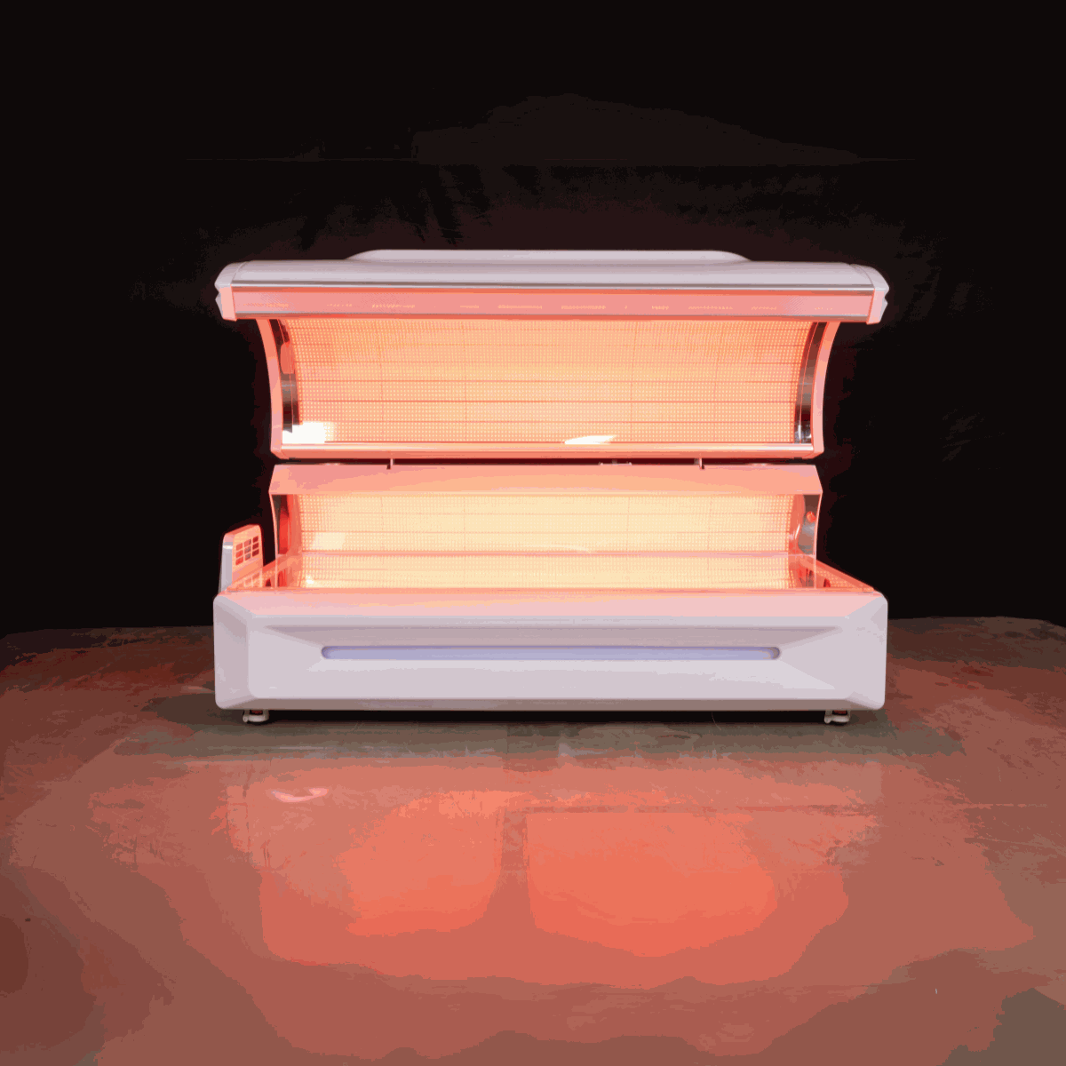 Red light therapy bed with 360-degree LEDs, cooling fans, commercial controls, timer, and music system for home and commercial use
