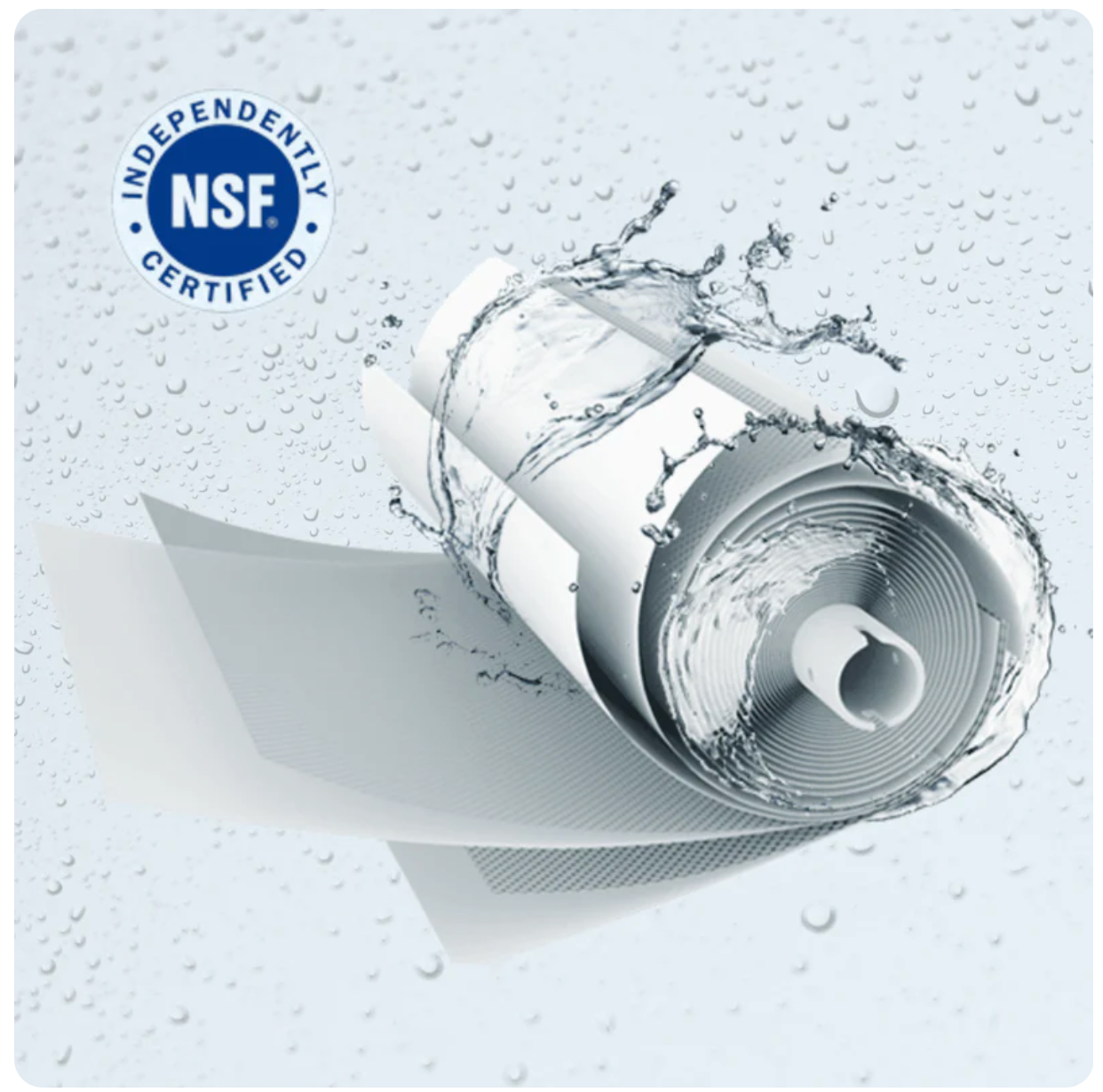 Echo RO Filters tankless reverse osmosis water filter cartridge with NSF certification and water splash