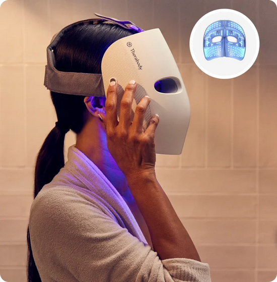 TheraFace Mask full-face LED light therapy device worn for skin rejuvenation and brightness enhancement