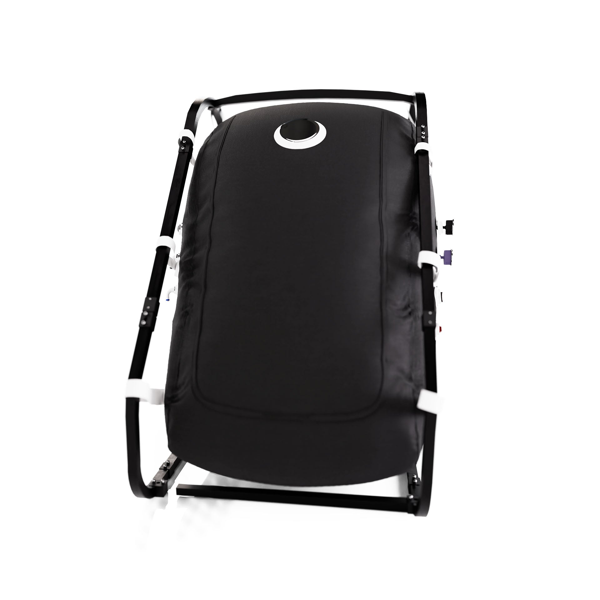 Black vertical sitting hyperbaric chamber with external frame, angled view showing zipper door and viewport windows