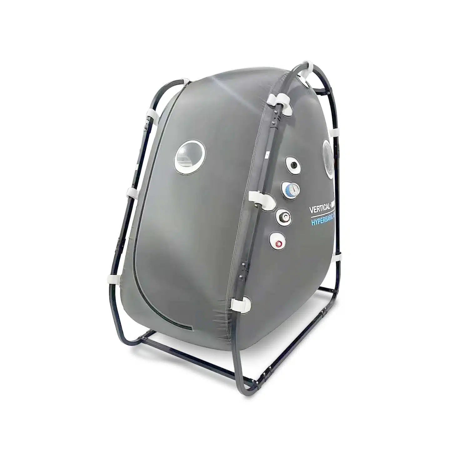 Gray vertical mini hyperbaric sitting chamber shown with external support frame