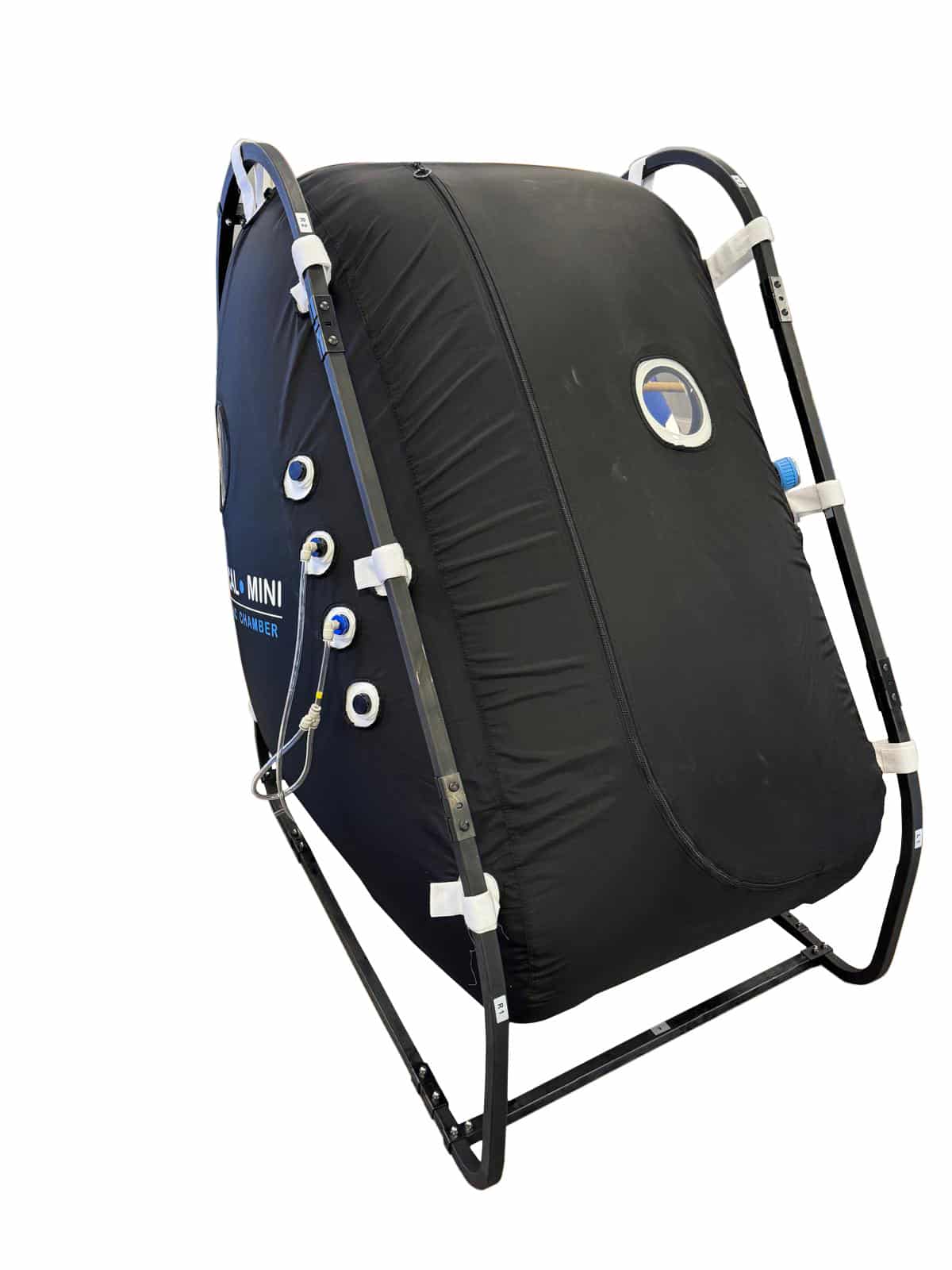 Side view of the ultra-wide sitting hyperbaric chamber with support frame