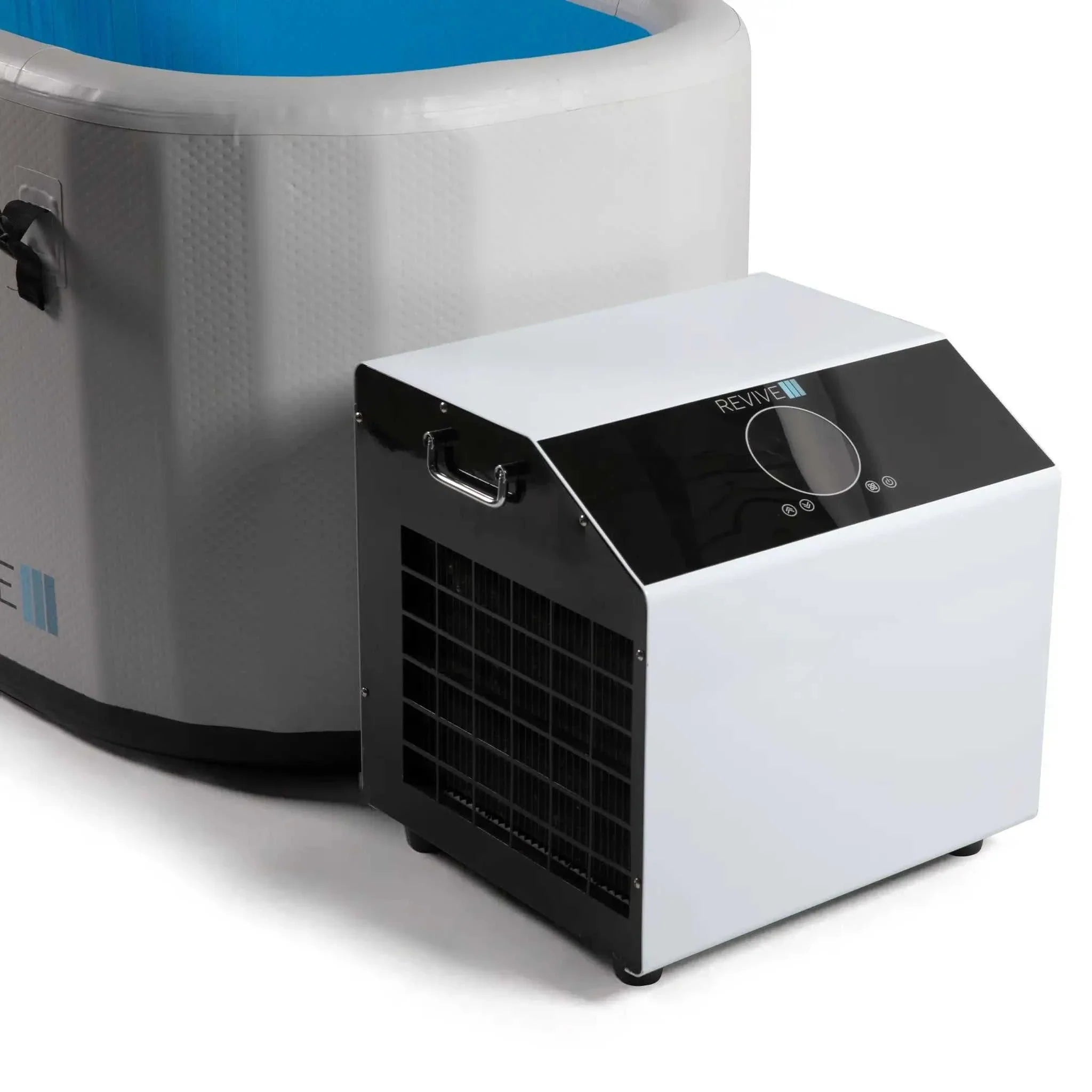 Portable inflatable plunge tub with durable drop stitch PVC and temperature control chiller for hot and cold therapy