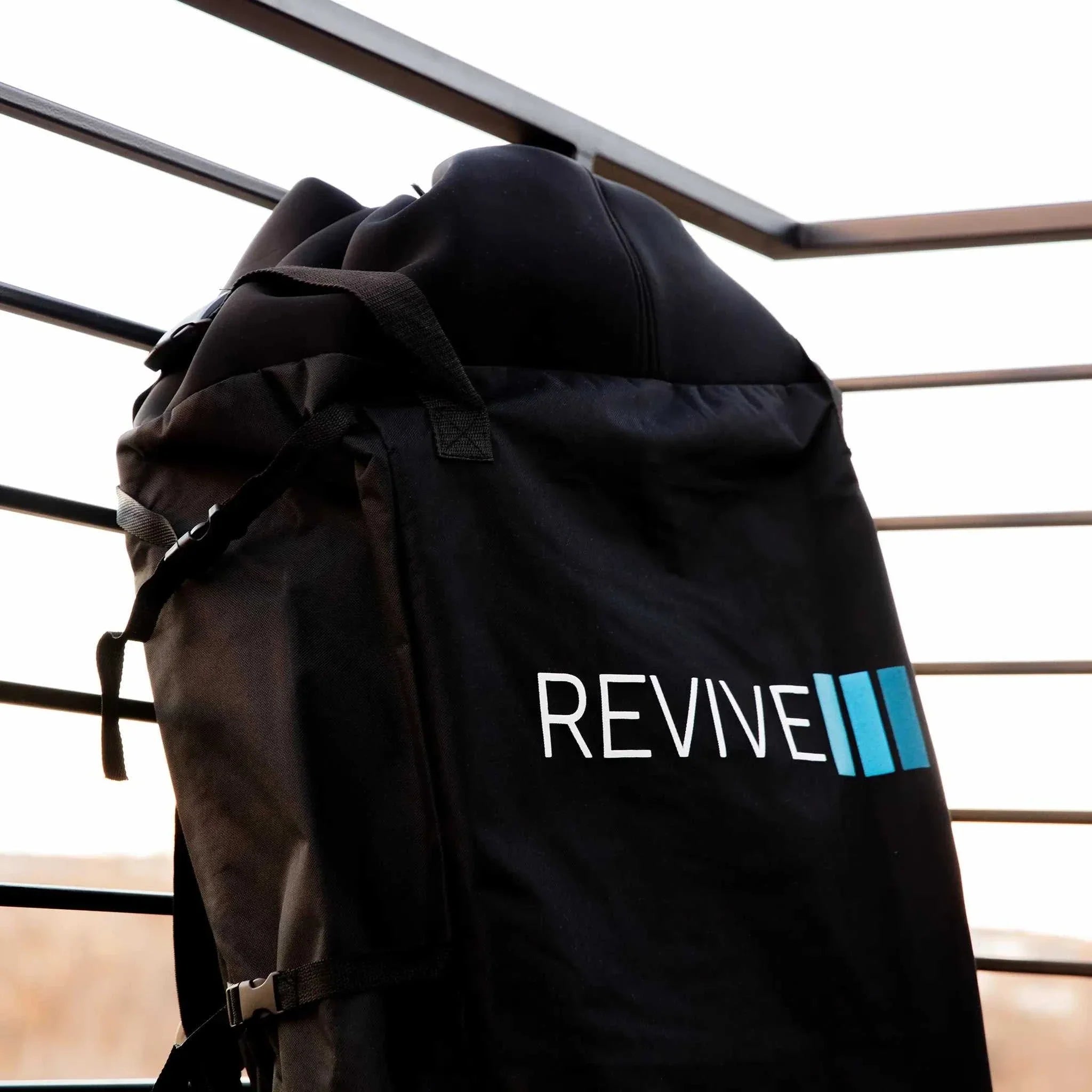 Black carrying bag with REVIVE III logo for Inflatable Plunge portable hot and cold therapy tub
