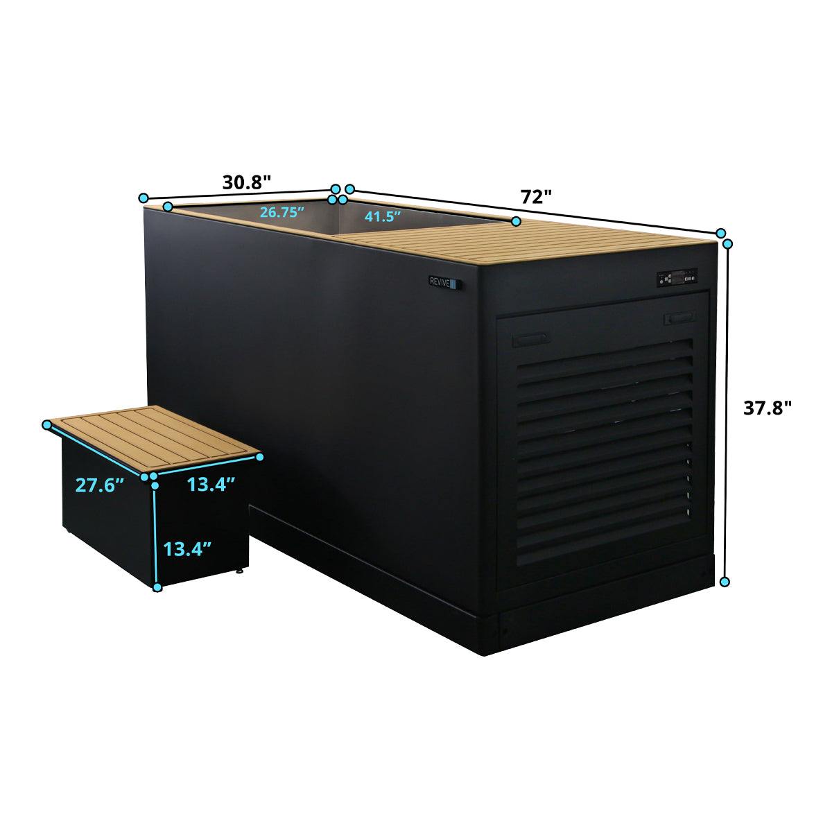 Luxury Plunge cold therapy tub with built-in ice-making, sleek black and wood design, and touchscreen control