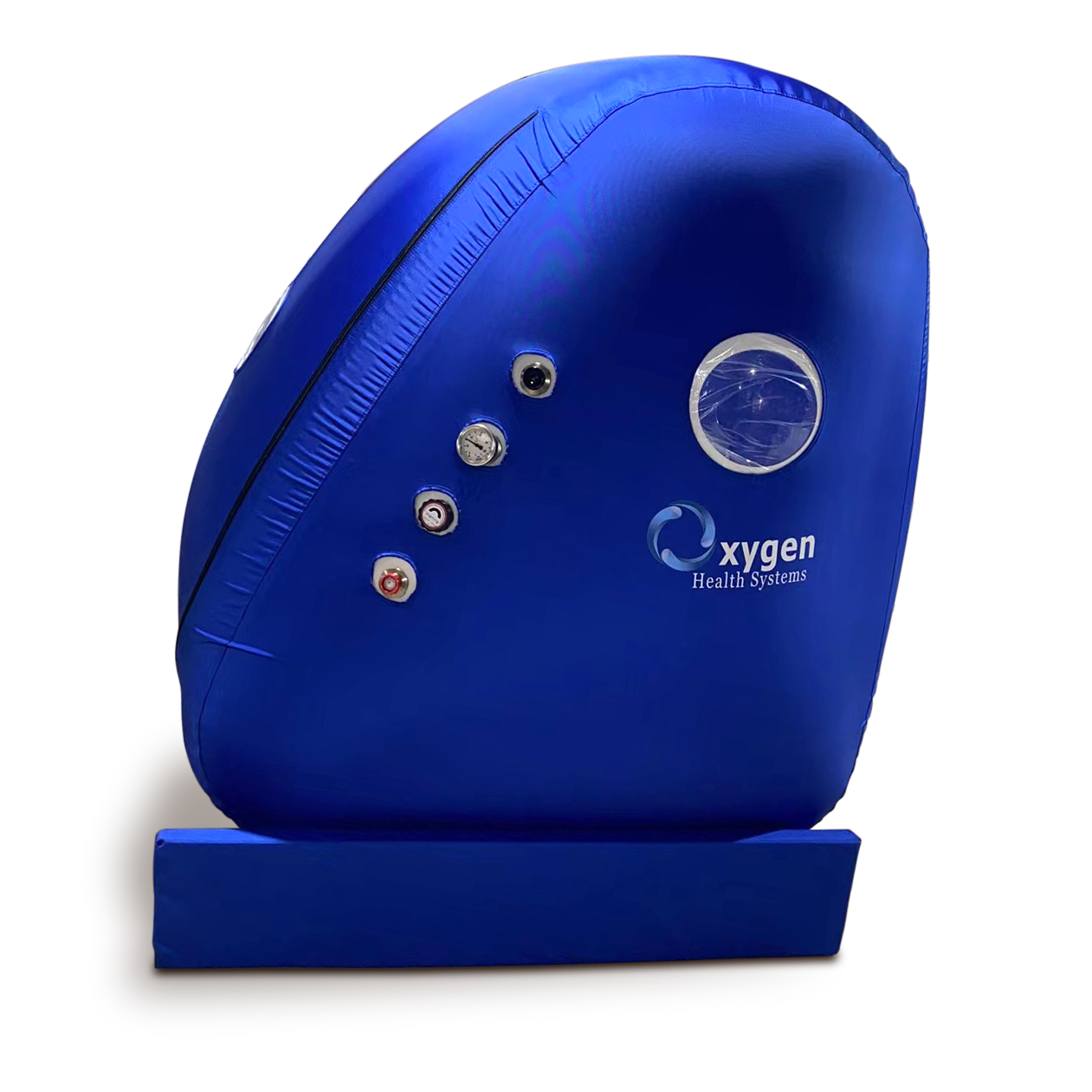 Side view of the upright sitting hyperbaric oxygen chamber with reinforced bolster base
