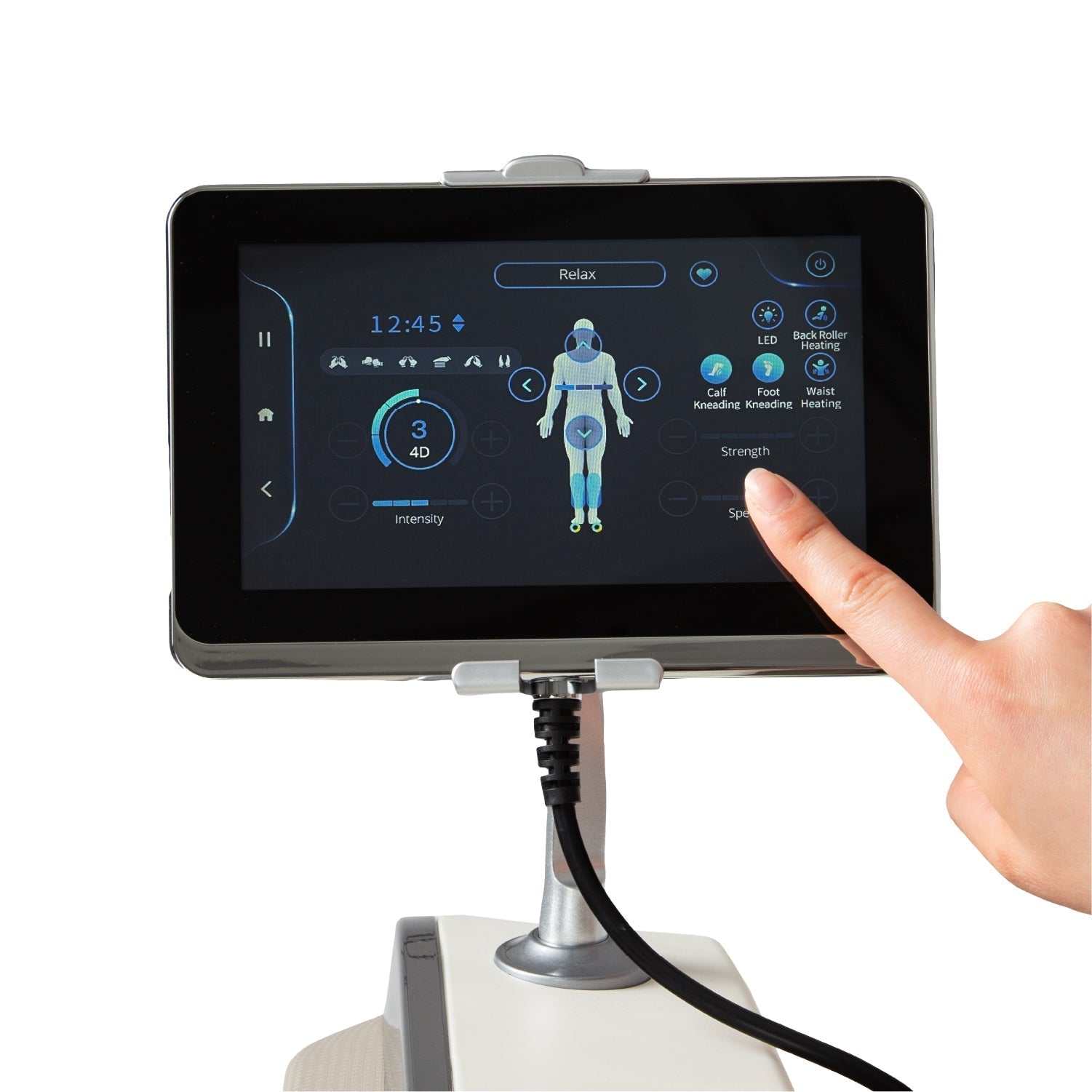 JP-Nexus 4D massage chair touchscreen control panel with 4D massage settings and body map for personalized full-body relief