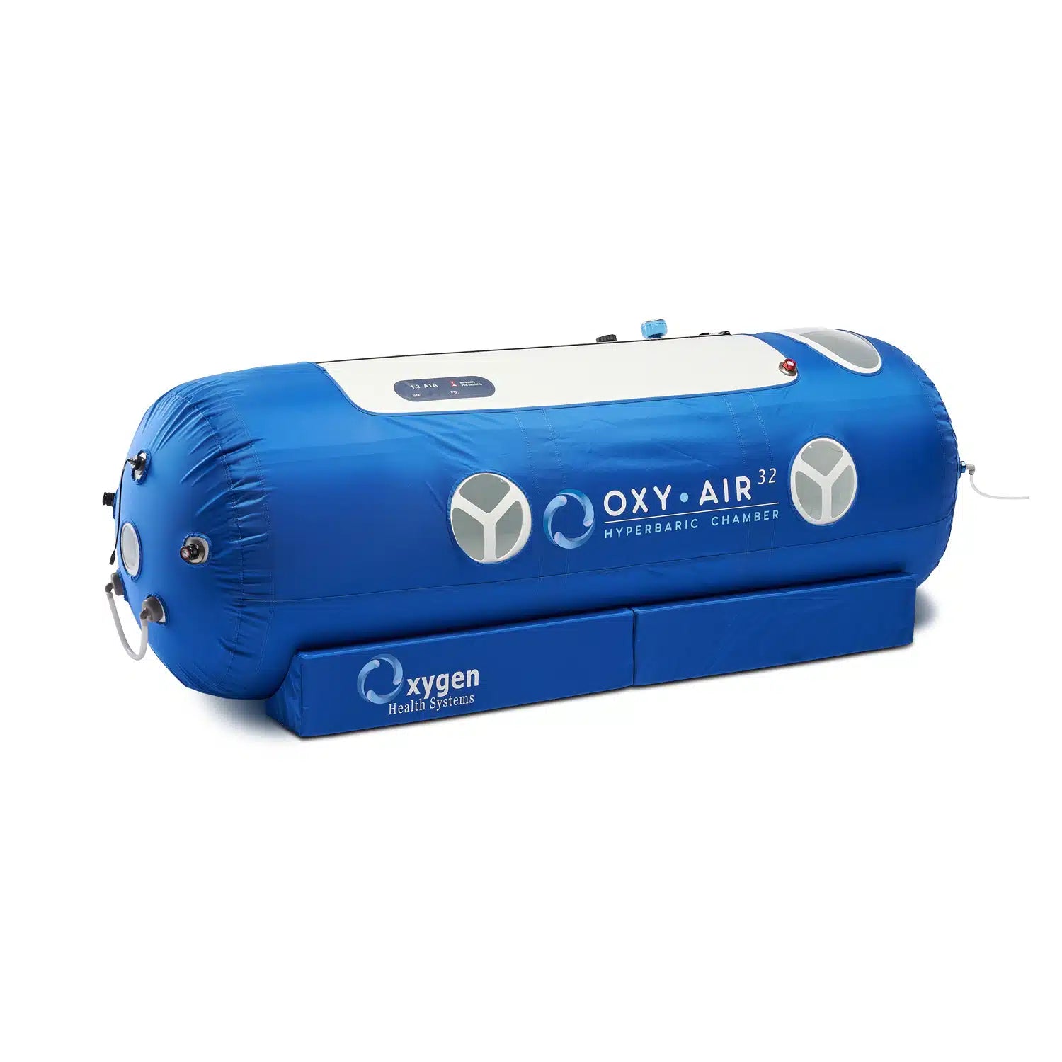 32-inch lie-down hyperbaric oxygen chamber, front-left exterior view of the TPU-coated capsule