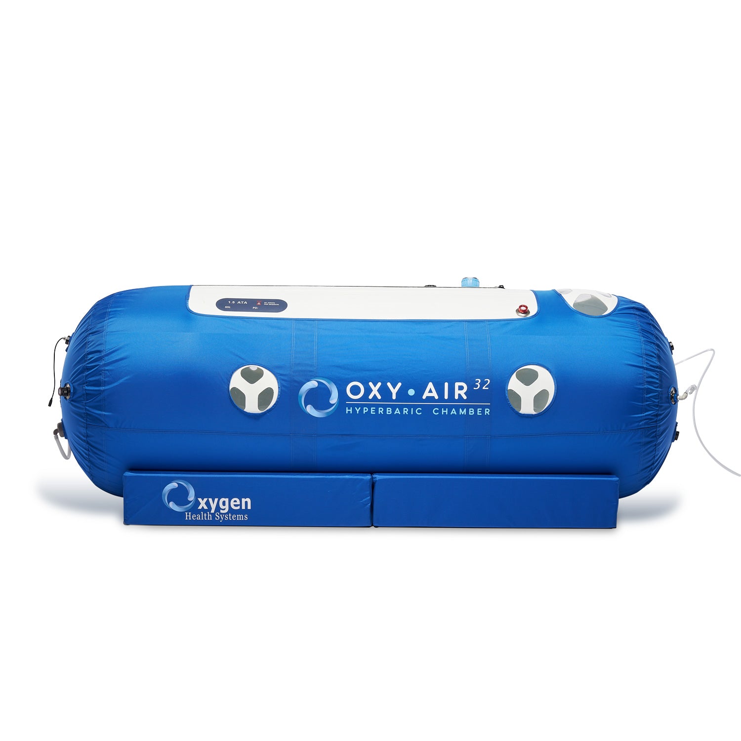 Lie-down hyperbaric oxygen chamber front view showing zipper entry and viewport windows