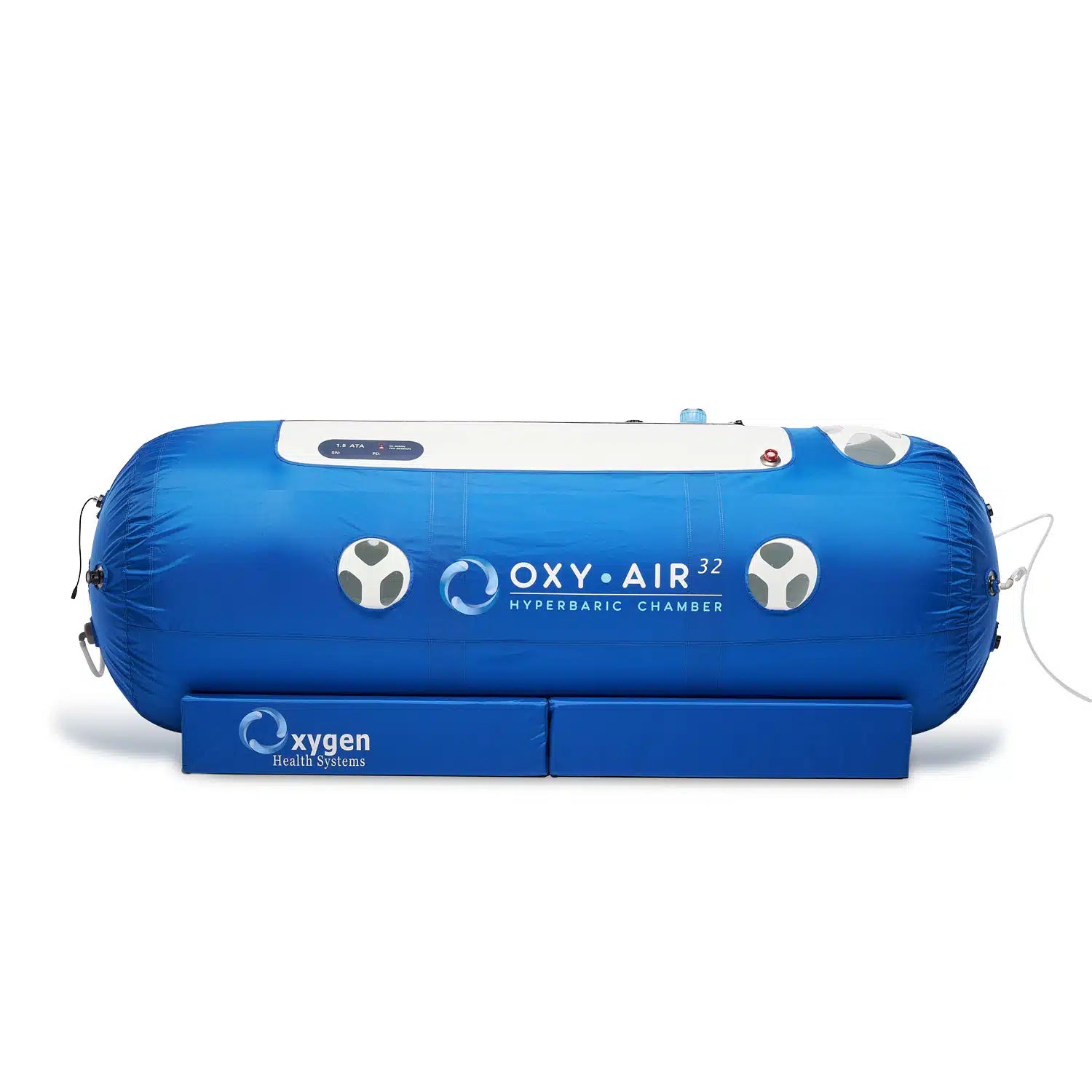 32-inch soft shell hyperbaric chamber front view showing transparent viewport windows and zipper entry