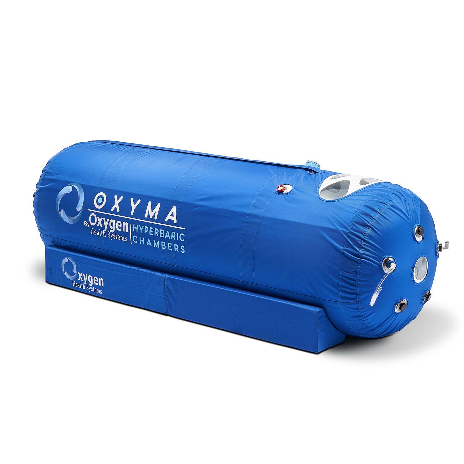 Oxyma 28-inch soft shell hyperbaric oxygen chamber, full exterior view of the lie-down tubular capsule