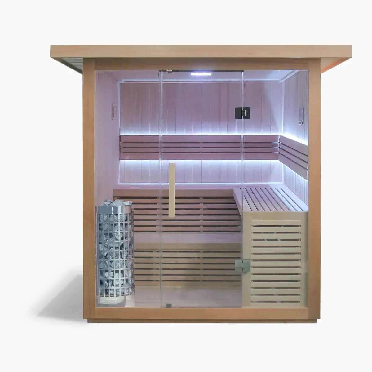 6 person traditional sauna with Hemlock wood, LED lighting, Bluetooth speakers, and Harvia heater