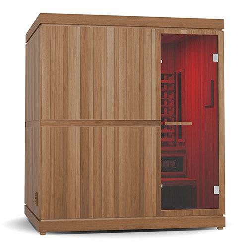 Finnmark FD-5 Trinity XL infrared and steam sauna combo with wooden exterior and red glass door