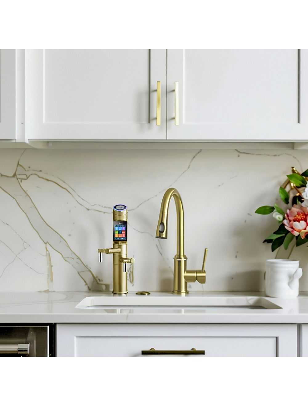 Tyent UCE-13 PLUS Gold under-counter water ionizer with touchscreen control and sleek design on kitchen countertop
