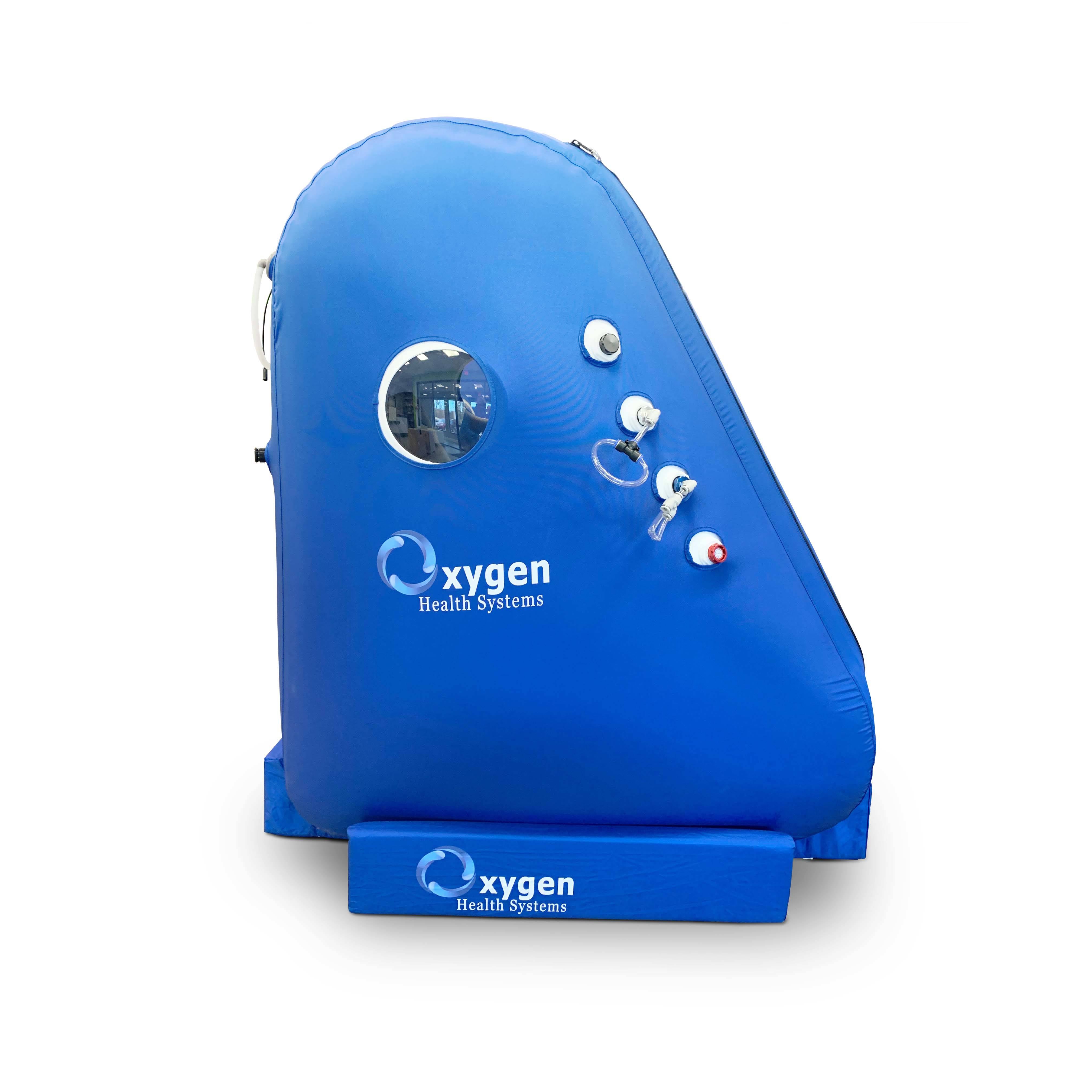 Compact vertical hyperbaric oxygen chamber showing small footprint for home or office use