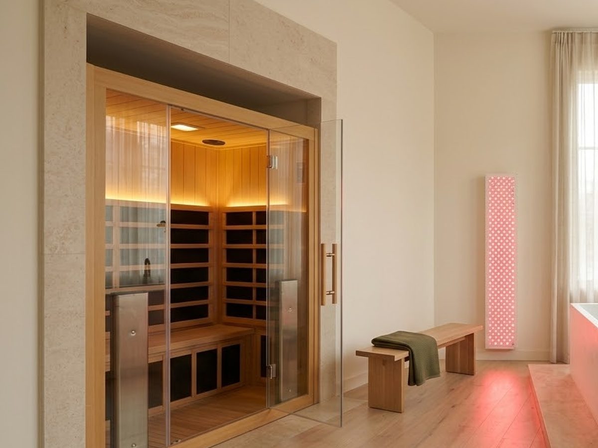 Light-wood infrared sauna in a sunlit room, the subject of a guide to home sauna electrical requirements, 120V vs 240V circuits