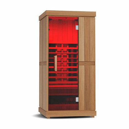 Finnmark FD-1 full-spectrum infrared sauna with red interior lighting and wooden exterior for personal wellness at home