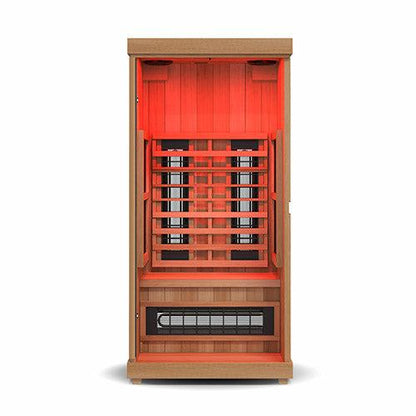 Finnmark FD-1 full-spectrum infrared sauna with wooden exterior and red interior lighting for home wellness.