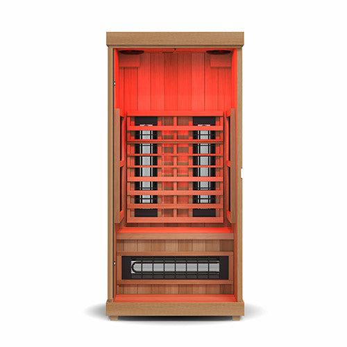 Finnmark FD-1 full-spectrum infrared sauna with wooden exterior and red interior lighting for home wellness.