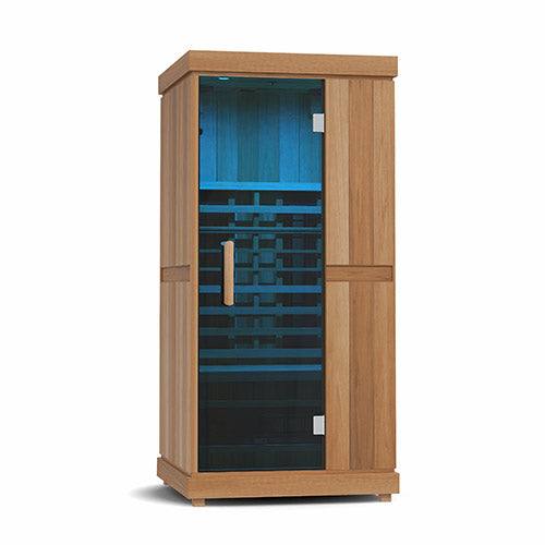 Finnmark FD-1 full-spectrum infrared sauna with wooden frame and glass door for one person