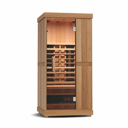 Finnmark FD-1 full-spectrum infrared sauna with wooden exterior and glass door for one person at 170 degrees Fahrenheit