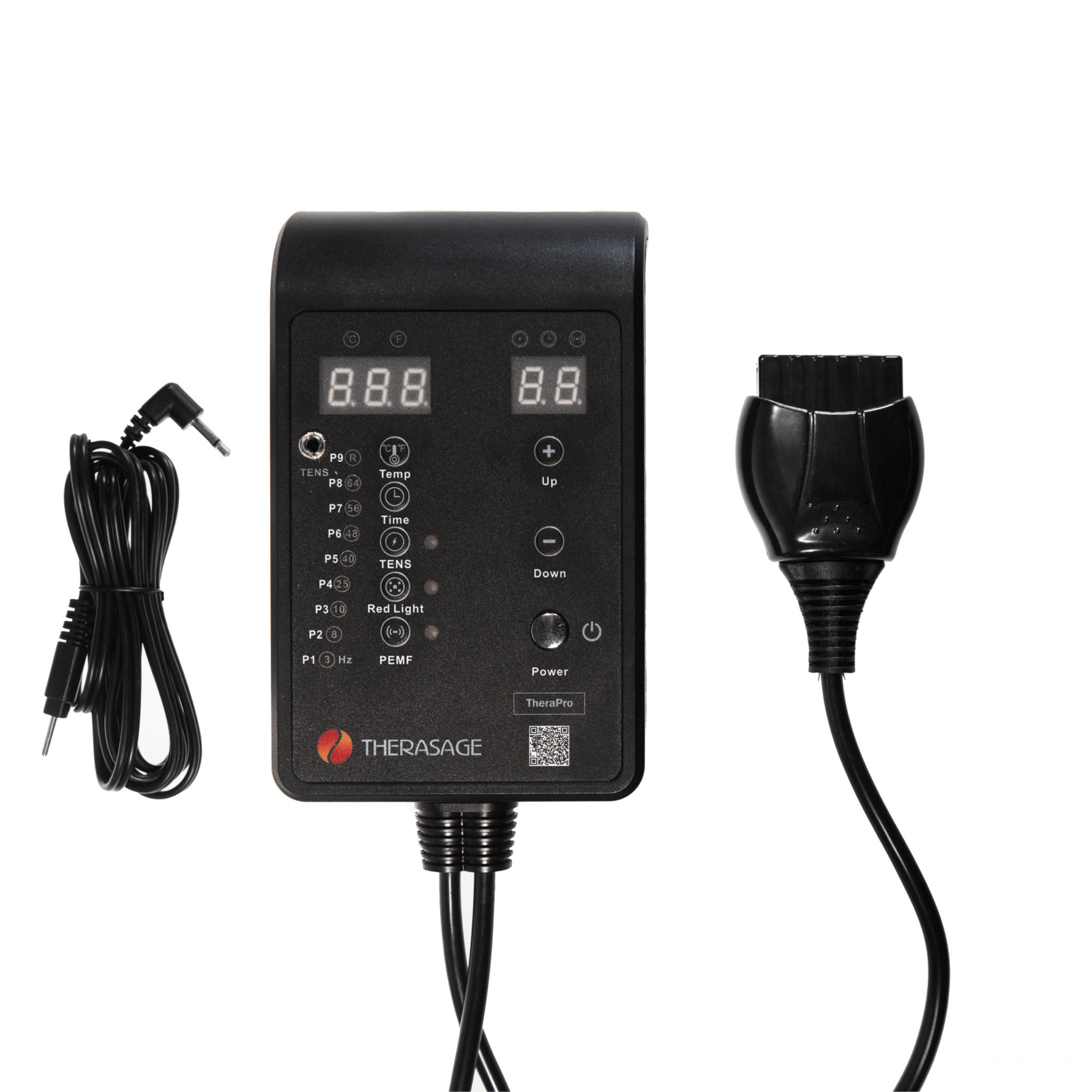 TheraPro PEMF controller device with digital display and wired connectors for pain relief and healing therapy pad