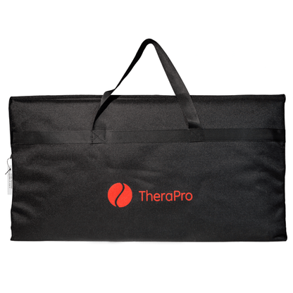 Black carrying case for TheraPro PEMF infrared and red light healing pad with red logo and handle