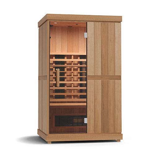 Finnmark FD-2 full-spectrum infrared sauna with wooden exterior and glass door for two-person home use