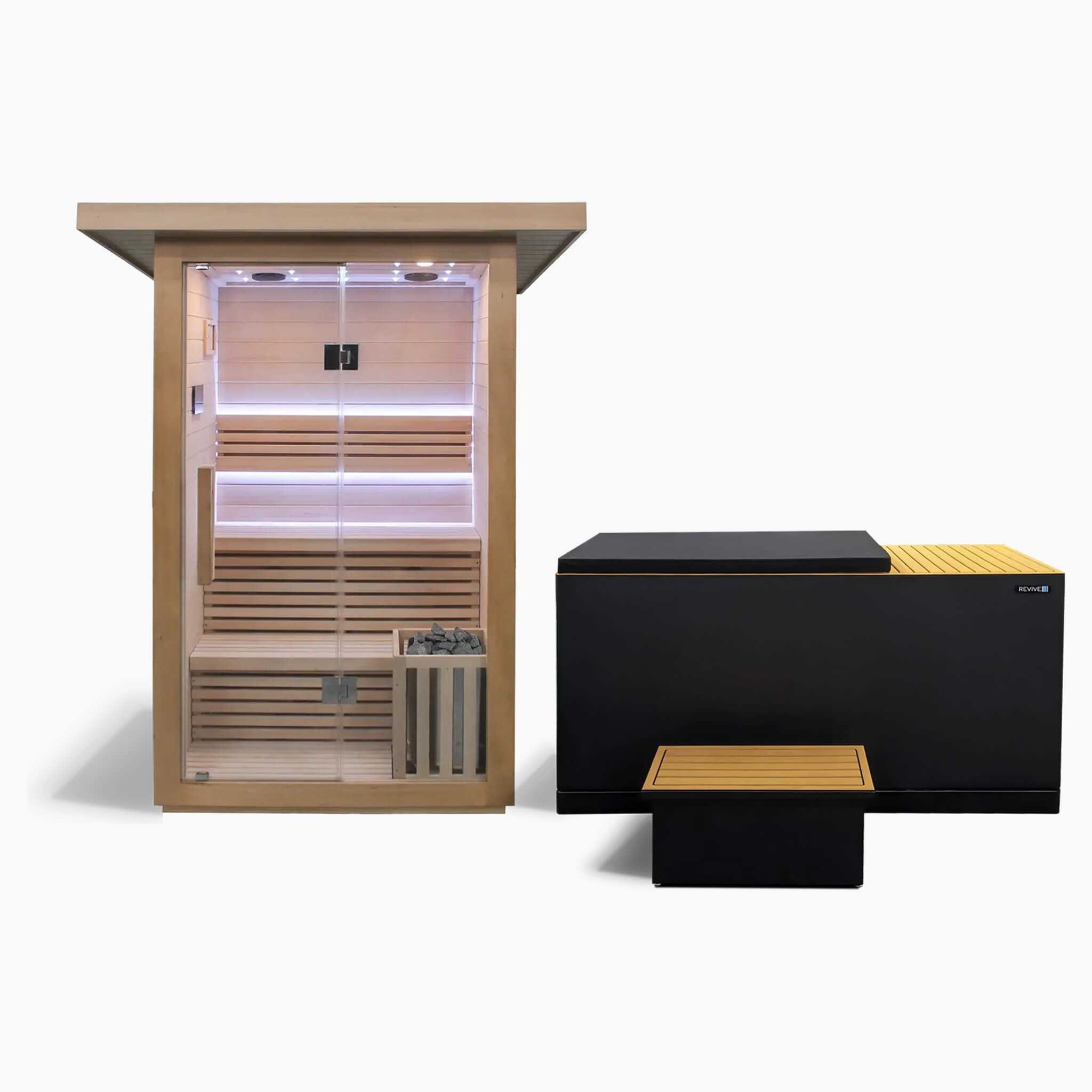 Two-person traditional sauna with wooden interior and luxury plunge tub with insulated black steel exterior and cooling system