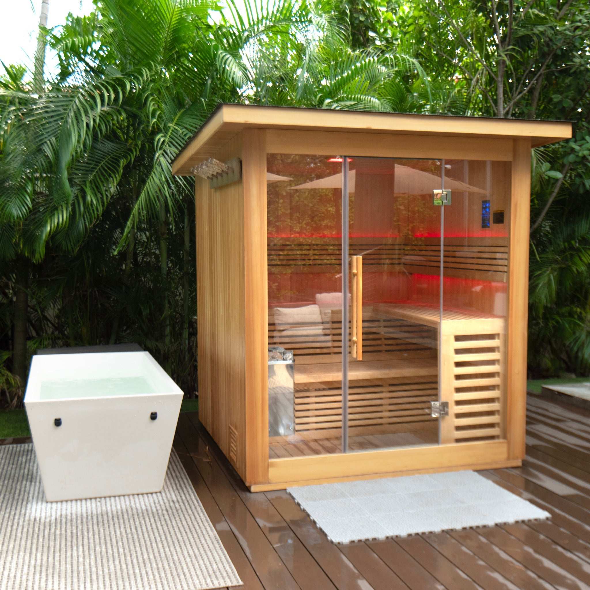 Outdoor 6 person traditional sauna with glass door, Hemlock wood, LED lighting, Bluetooth speakers, and two-tiered L-benches