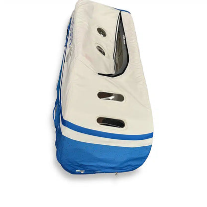 Pressure gauges and zipper detail on the 1.5 ATA sitting soft-shell hyperbaric chamber