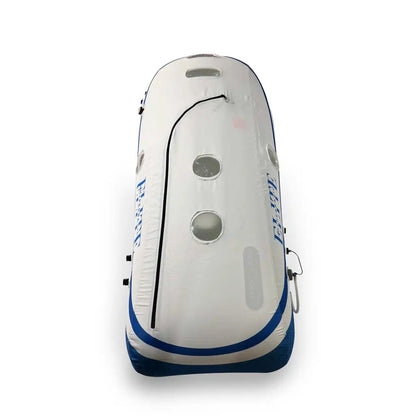 Front view of the 1.5 ATA sitting hyperbaric oxygen chamber showing window layout