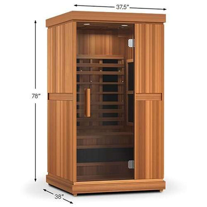 Finnmark FD-1 full-spectrum infrared sauna with wooden exterior and glass door, compact 1-person design, heats up to 170°F quickly