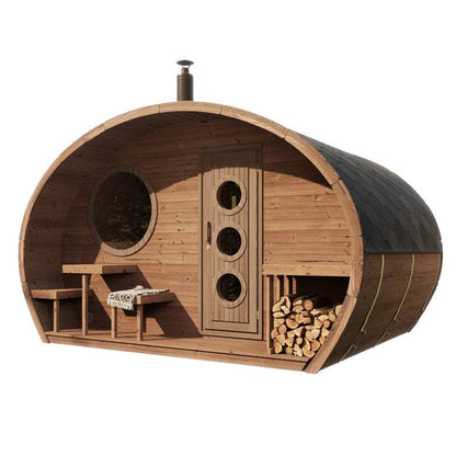 SaunaLife GL6 Garden-Series outdoor two-room barrel sauna kit with woodpile and bench