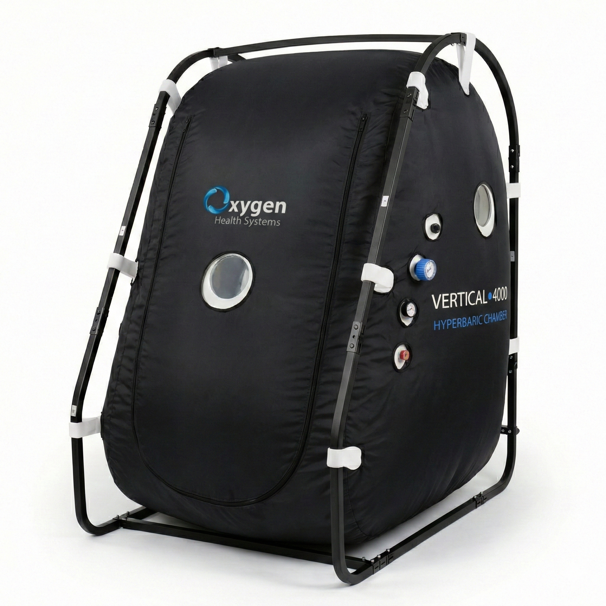 MC4000U 1.4 ATA walk-in vertical hyperbaric oxygen chamber, front-left view with external steel frame